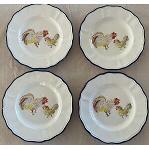 Set of 4 Jacques Pepin Sur La Table Rooster Chicken 8.5” Salad Plate Blue